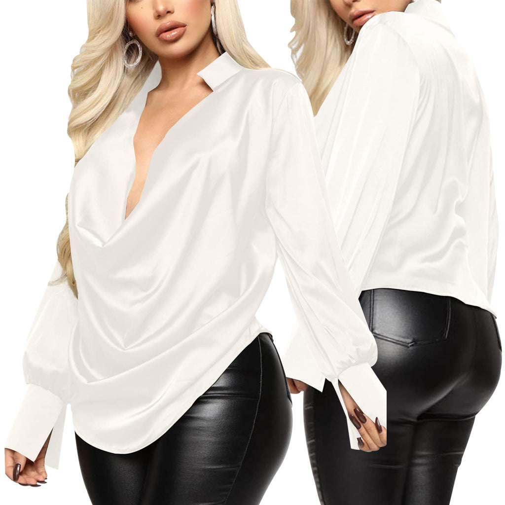 Sexy Fashion Solid Color Stretch Ladies Satin Blouse 13