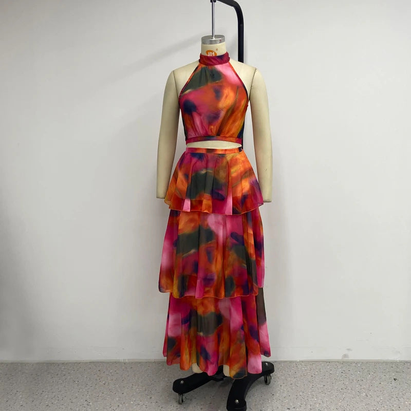 Women Summer Print Round Neck Sleeveless Puffy Cascading Ruffles Dress 8