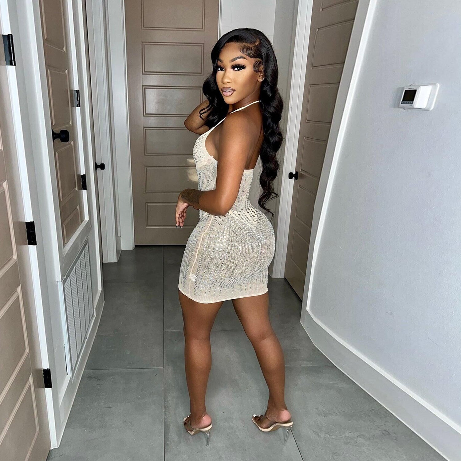 Women Summer Sexy Straps Beaded Mini Bodycon Dress 5