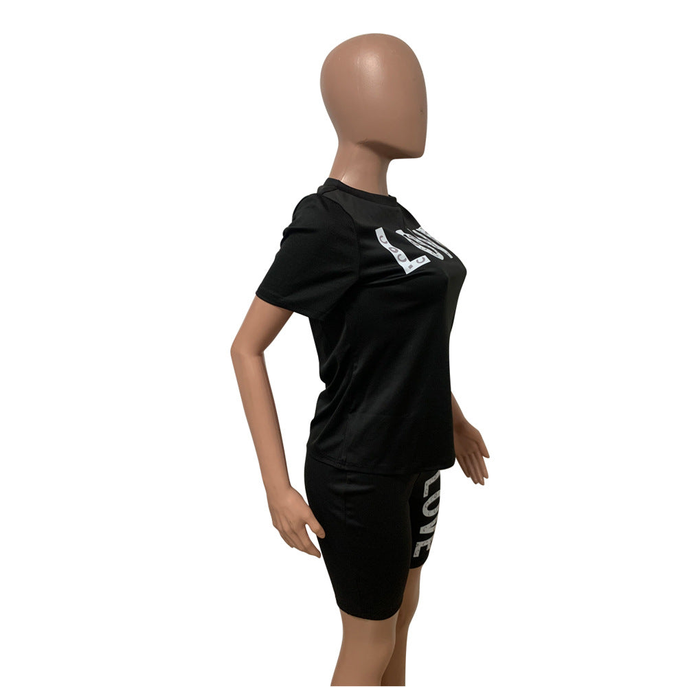 Summer Women's Round Neck Letter Short Sleeve Shorts Solid Color Shorts Set 10