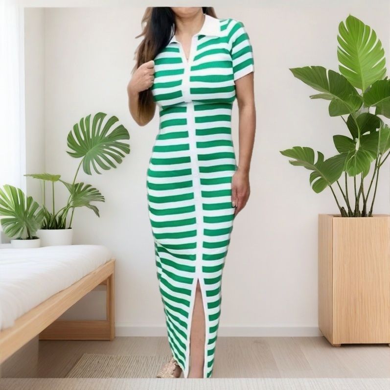 Women Summer Contrast Striped Knitted Slit Bodycon Dress 4