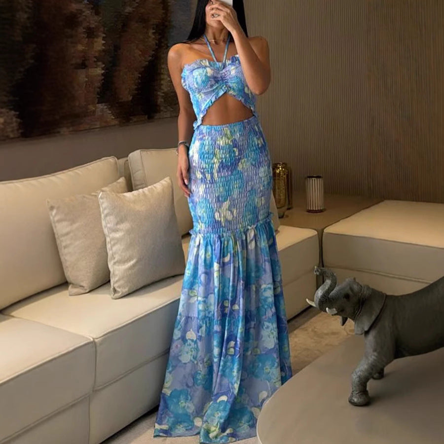 Spring/Summer Halter Neck Print Pleated Casual Loose Holiday Dress for Women 8