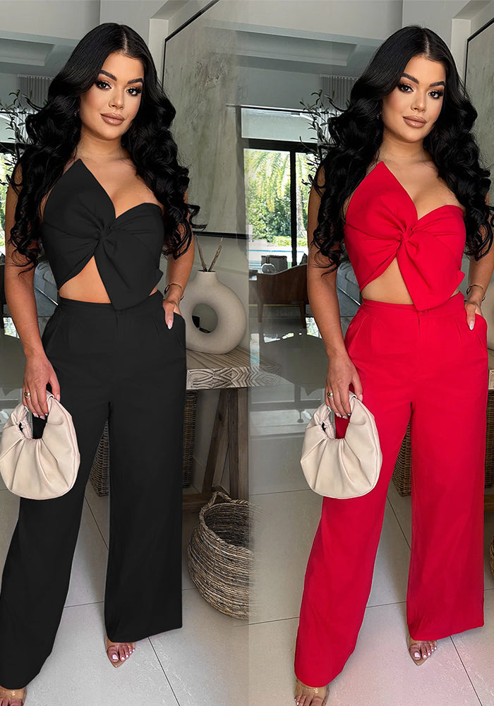Women  Sexy Bowknot Top and Pants Two Piece Set