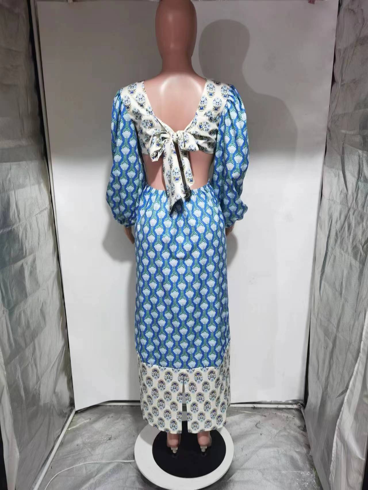 Women Floral Contrast Balloon Sleeve Backless Dress 17