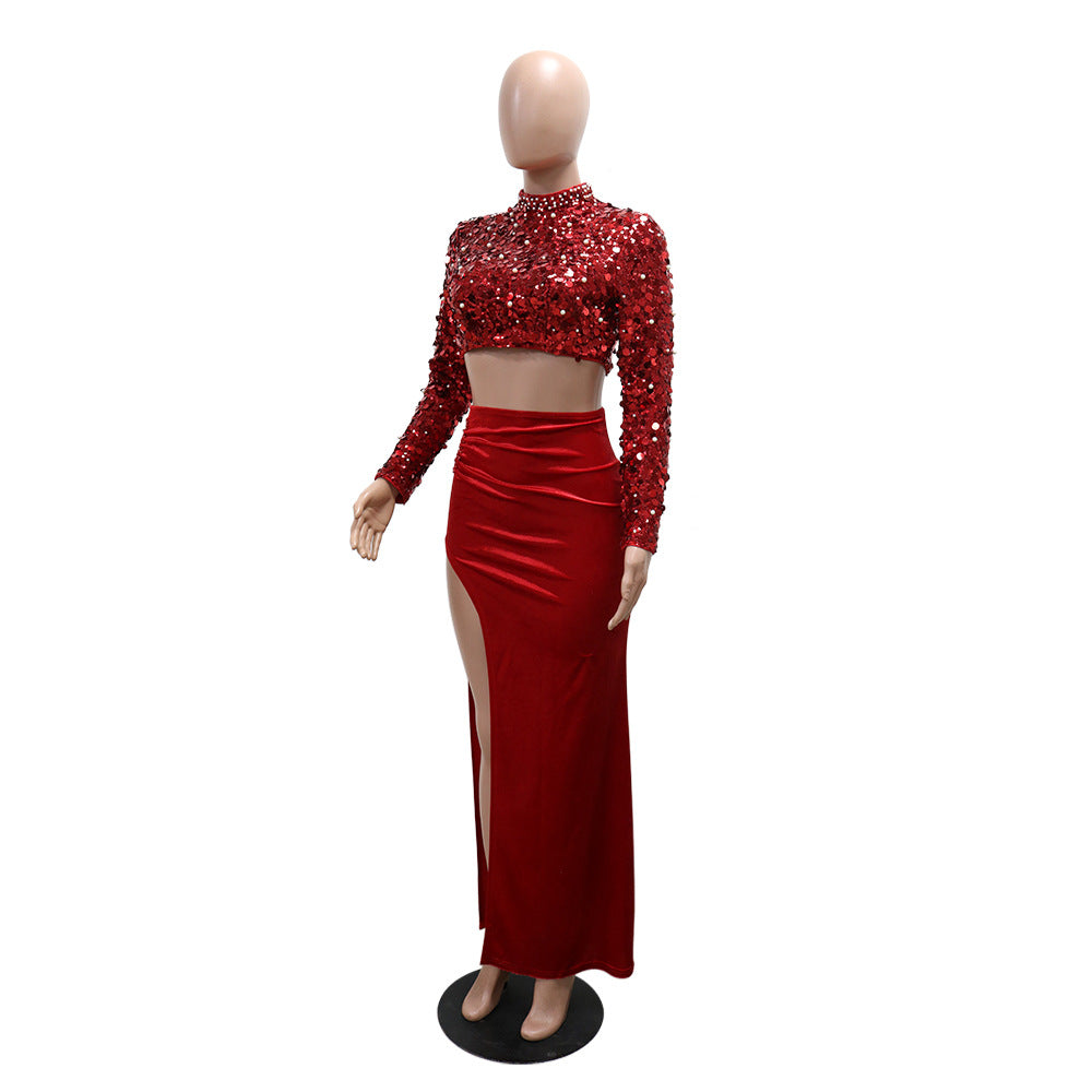 Women Round Neck Sequin Long Sleeve Top Sexy Slit Velvet Skirt Two-piece Set 10