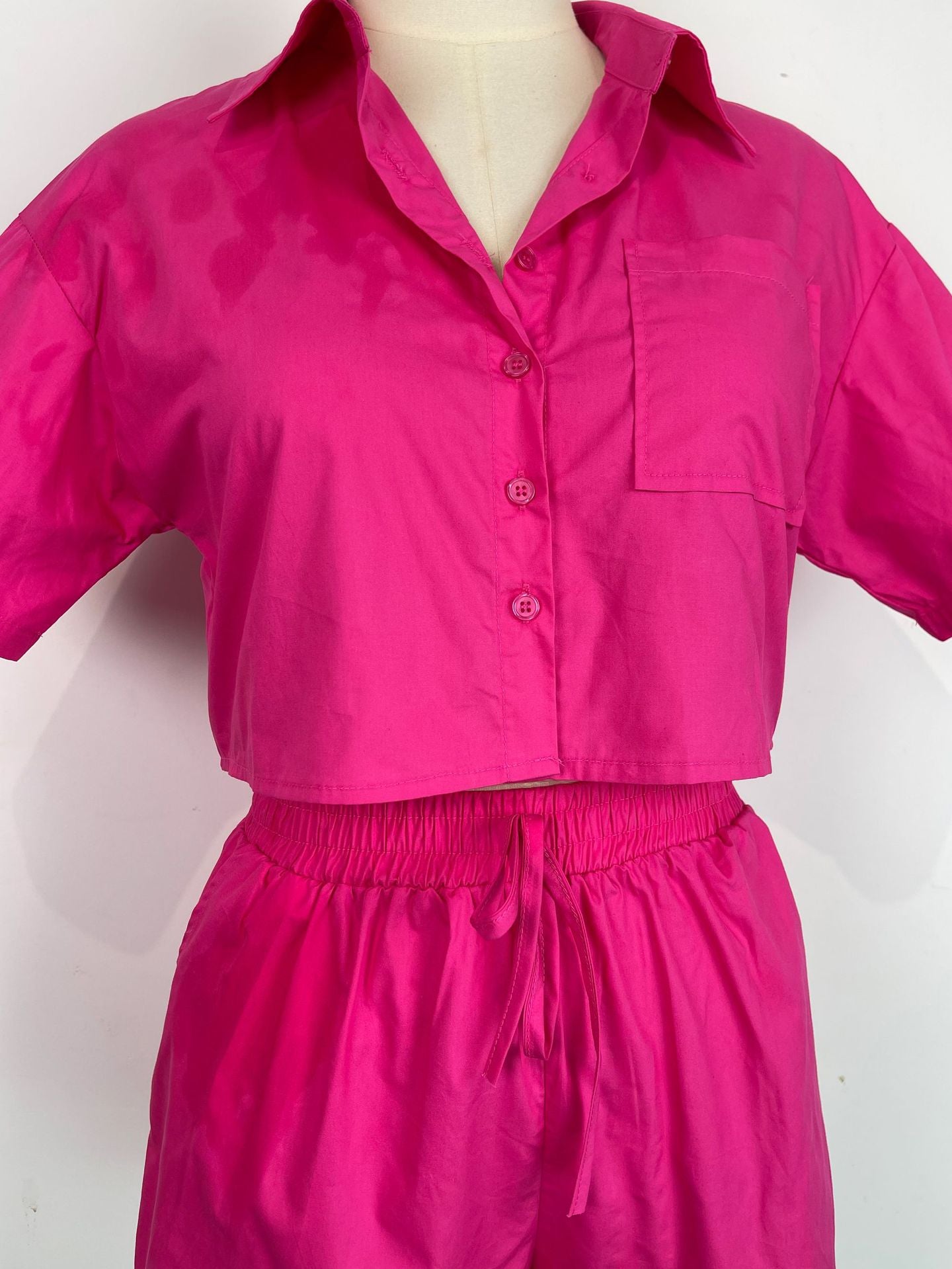 Ladies Short Sleeve Shirt Set Elastic Pocket Shorts Two-Piece Set 19