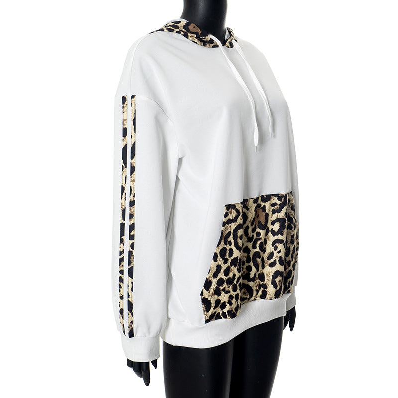 Women Leopard Patchwork Drawstring Pocket Loose Casual Hoodies 10