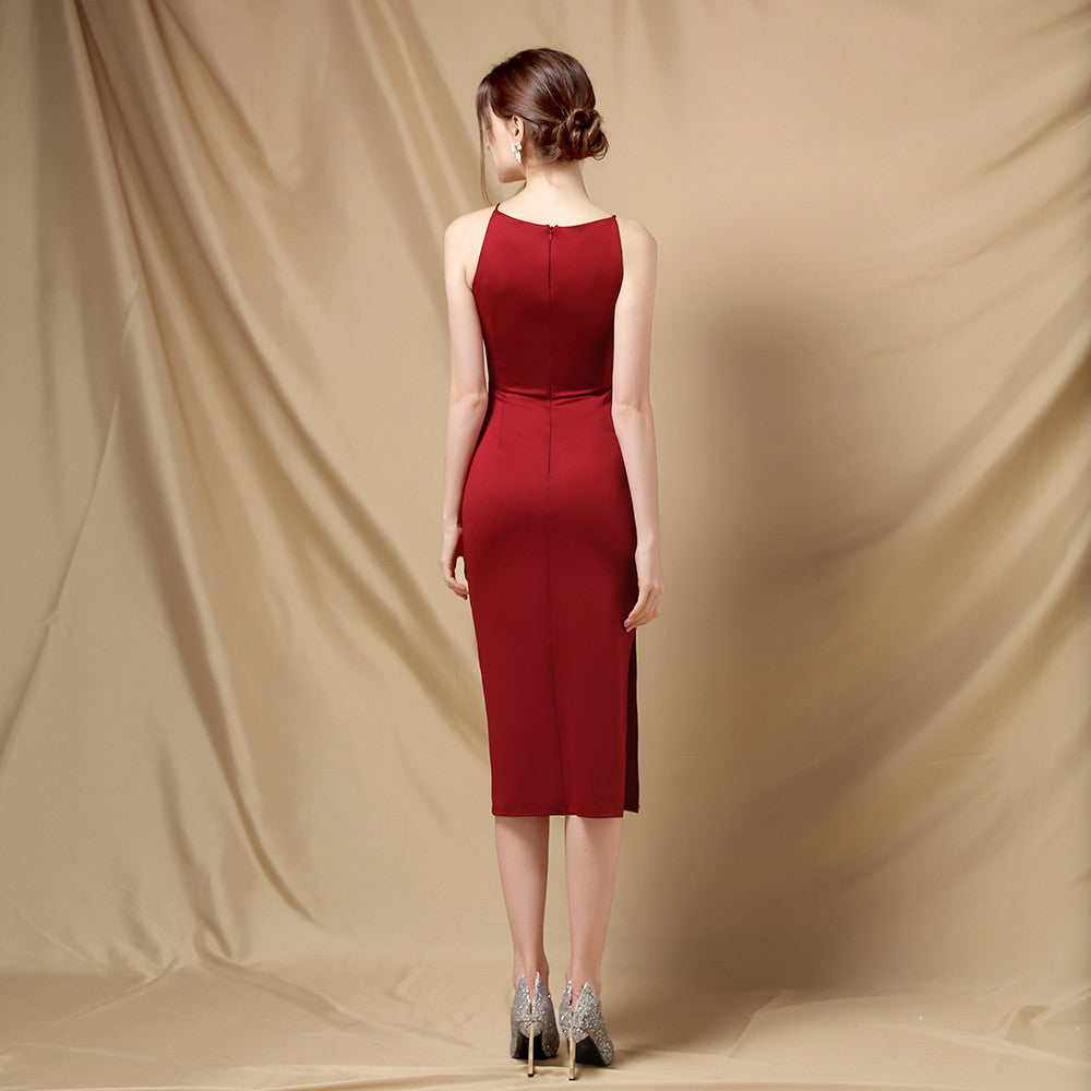Elegant Side Split Sleeveless Round Neck Slim Formal Midi Dress 9
