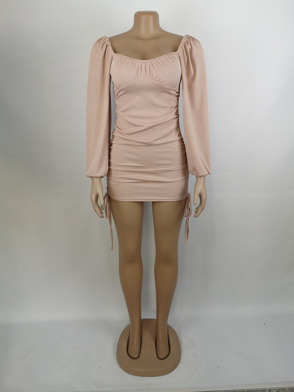 Women Sexy Drawstring Pleated Bodycon Long Sleeve Dress 35