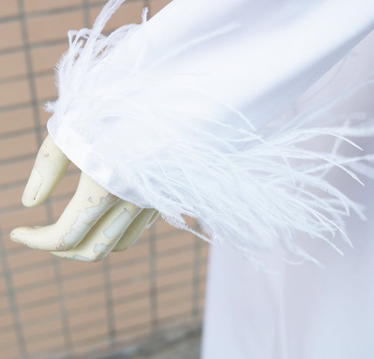 Fall Elegant White Beaded Mesh Patchwork V-Neck Fur Long Sleeve Wide Jumpsuit 7