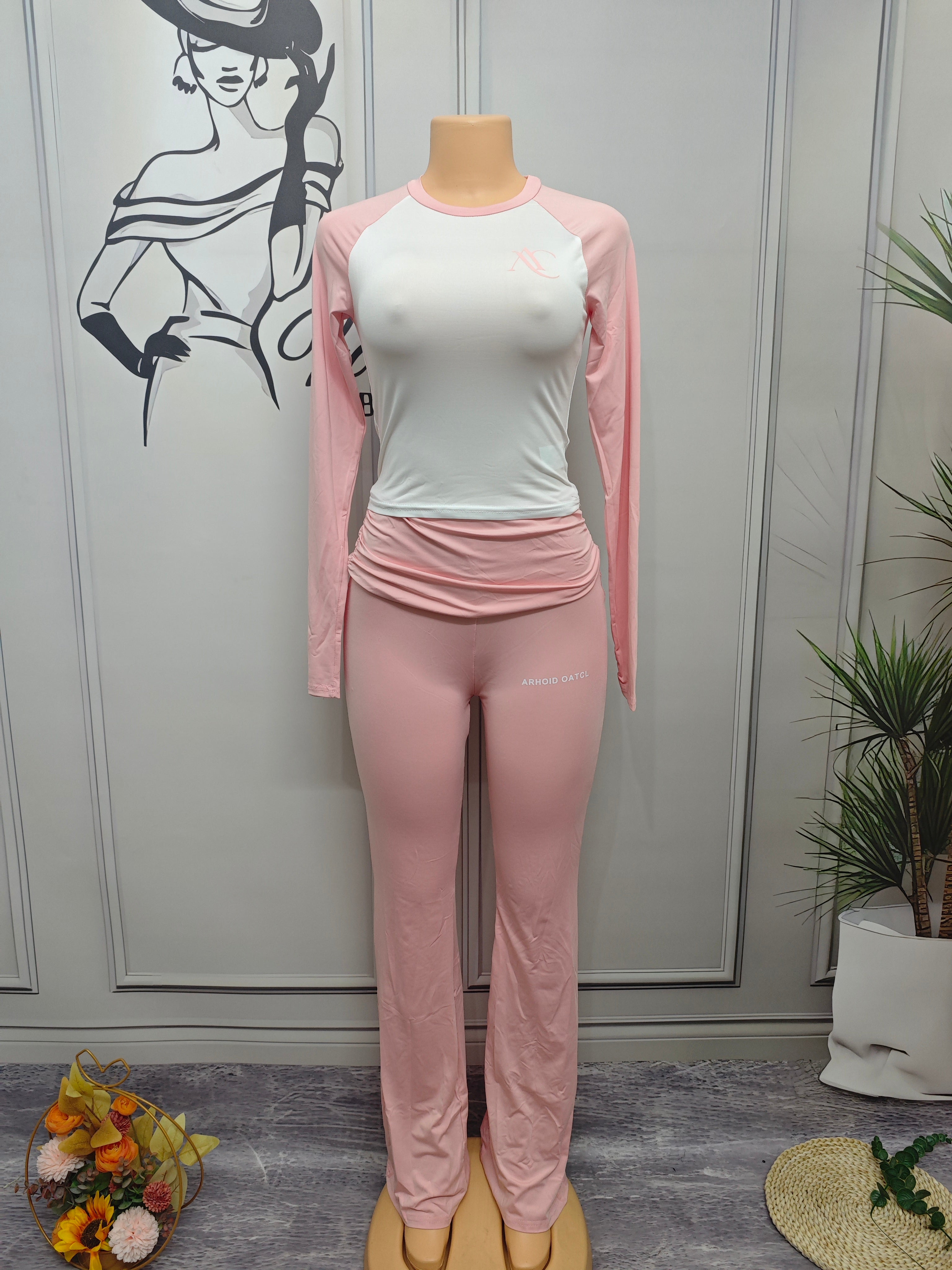 Women's Autumn Contrast Color Round Neck Slim Long Sleeve Two Piece Pants Set 17