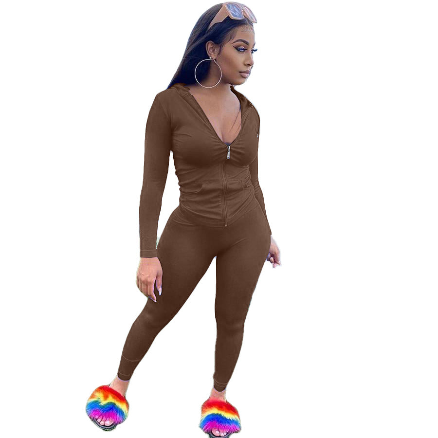 Women Summer Sports Hooded Full Sleeves Solid Pockets Regular Two Piece Pants Set 28