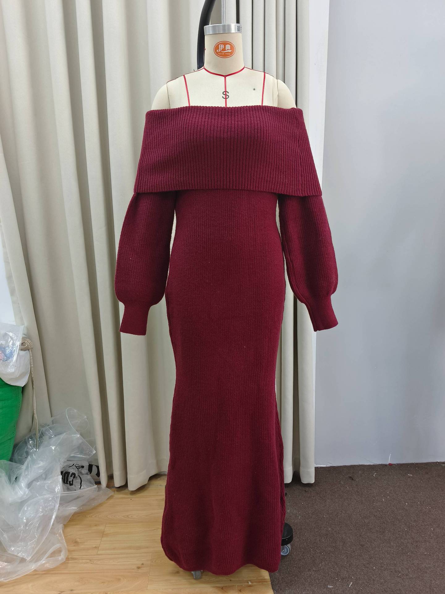 Burgunry Off-Shoulder Slim Long-Sleeved Knitting Long Dress 5