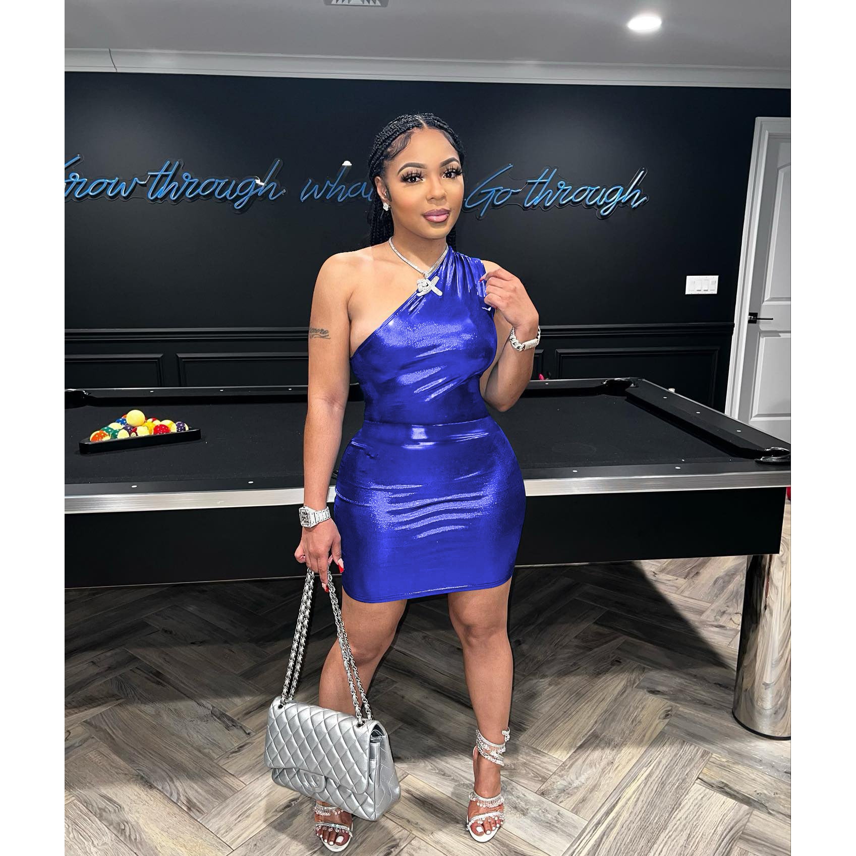 Women's Clothing Shiny One Shoulder Sexy Sleeveless Bodysuit + Skirt Set 5