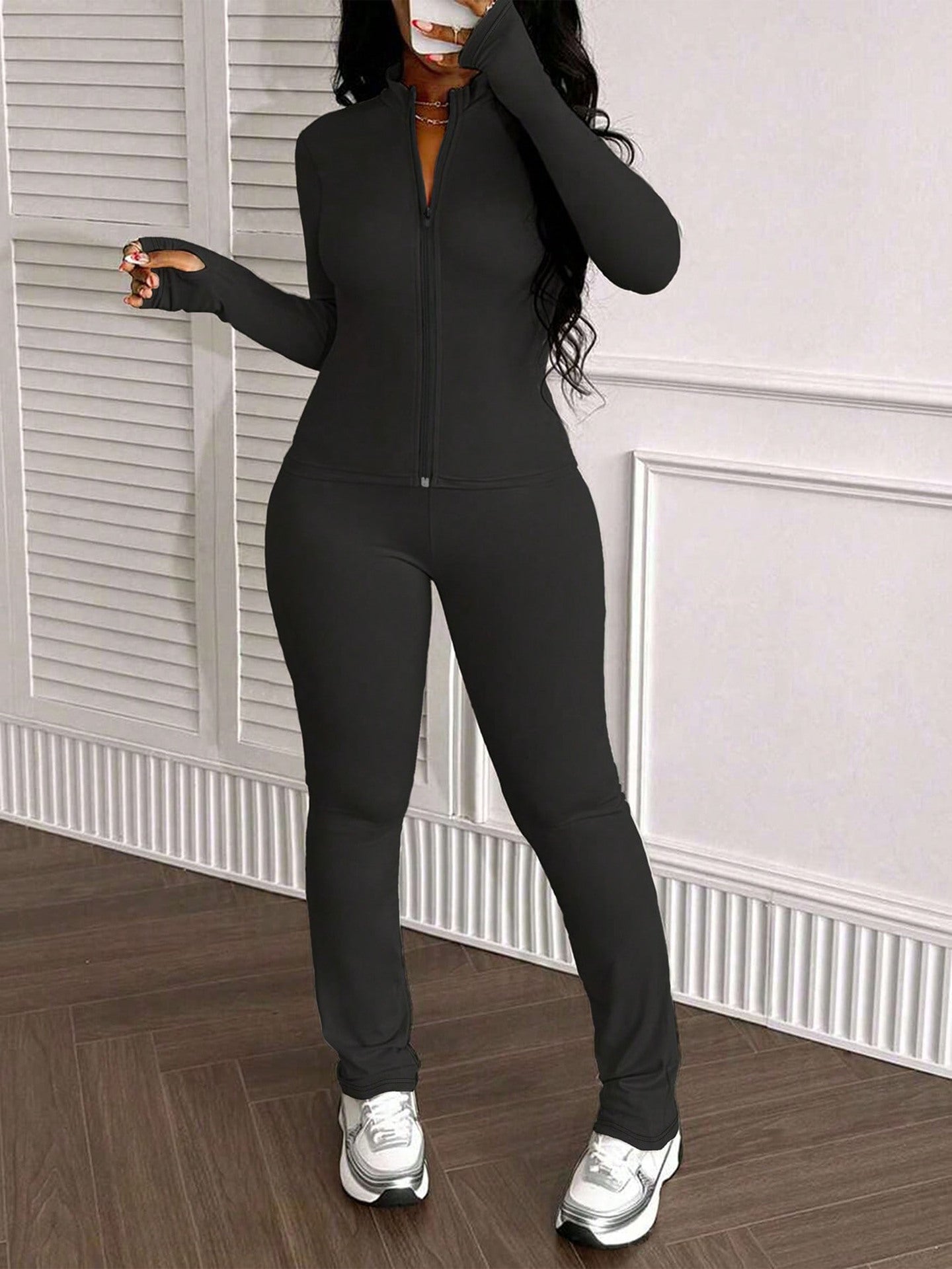 Spring/Fall Women's Casual Fitted Zip-Up Jacket & Pants Set 4