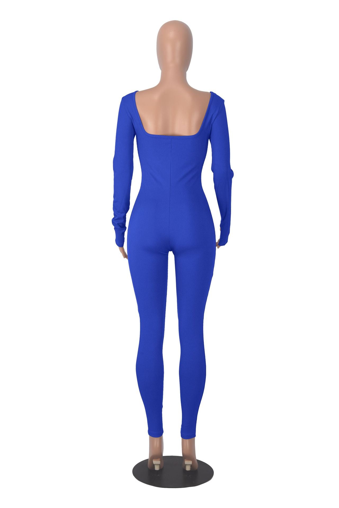 Women's Solid Color Long Sleeve Ribbed Square Neck Low Back Slim Fit Jumpsuit 33