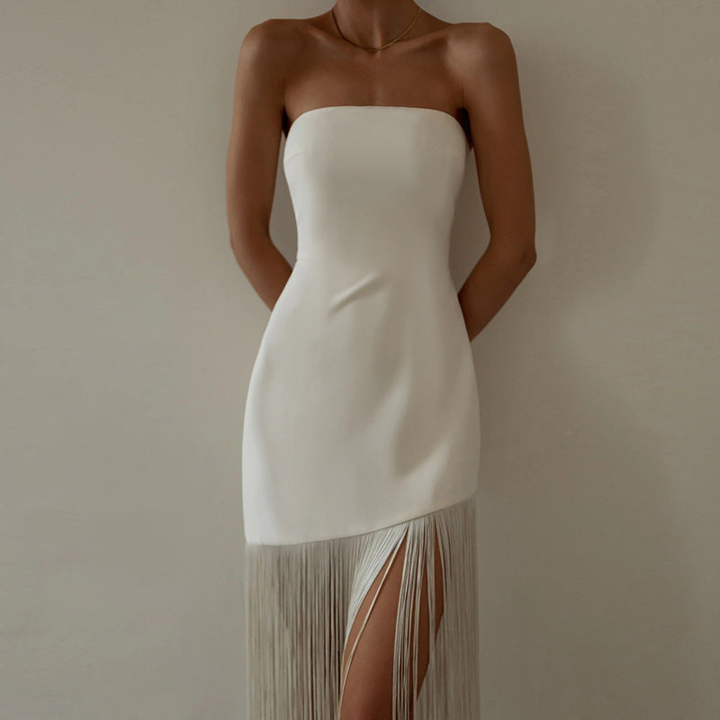 Women Summer Tassel Sexy Strapless Slit Dress 5