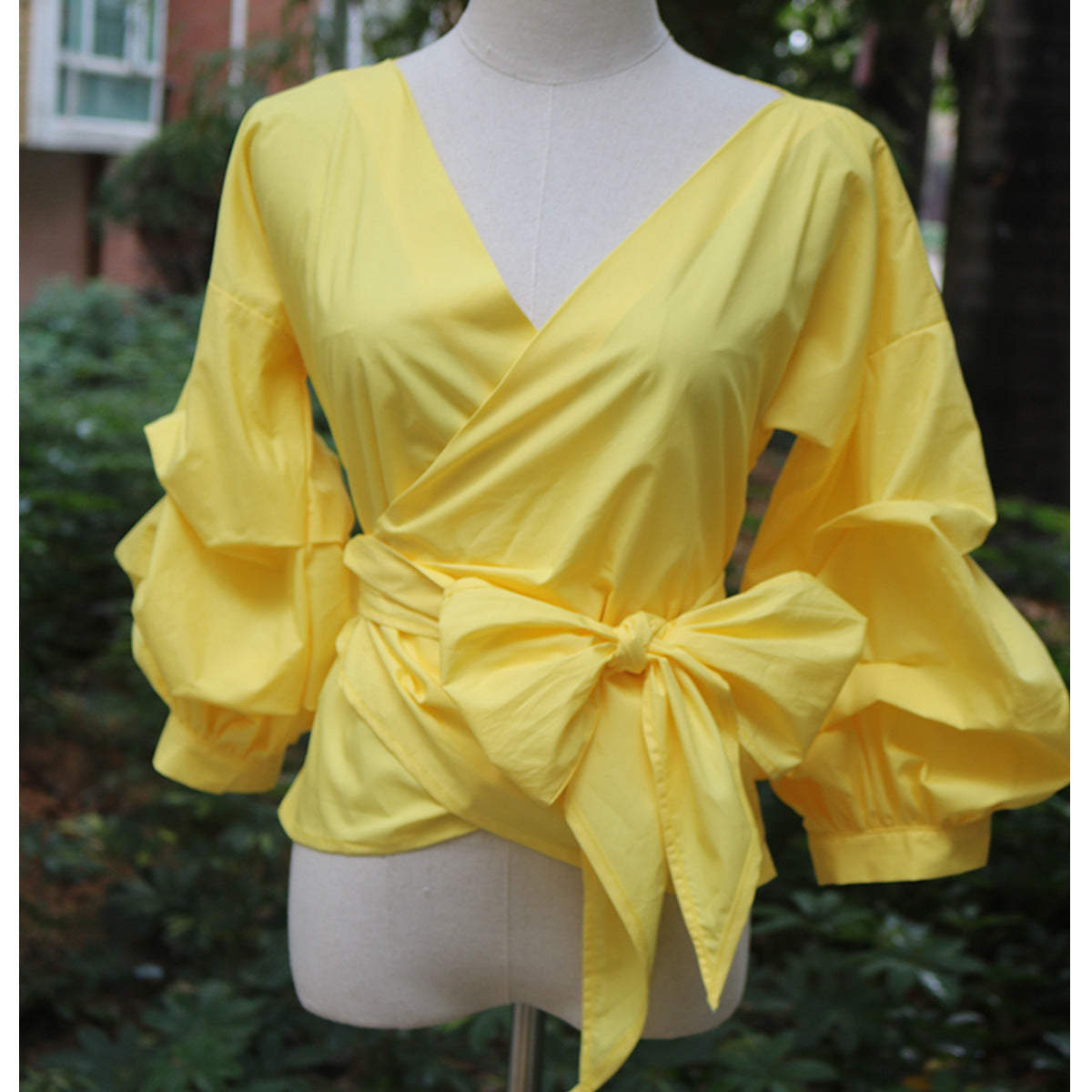 Plus Size Women's Clothing Cross Lace-Up Bubble Sleeve Sexy V-Neck Casual Shirt Top