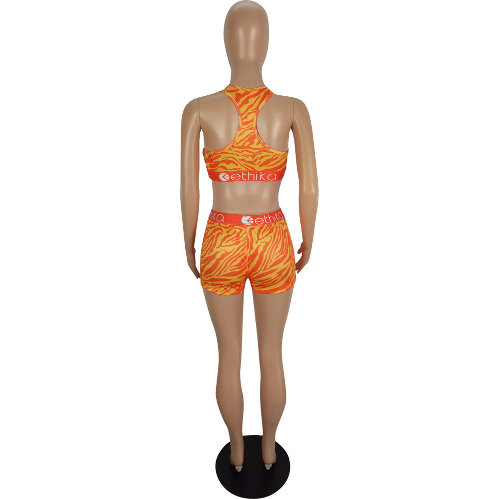 Women's Spring/Summer Slim Style Printed Sports Two-Piece Shorts Set 24