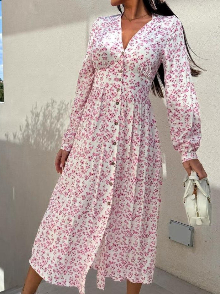 Beach Holidays V-Neck Slim Waist Floral Print Spring Long Sleeve Dress 6