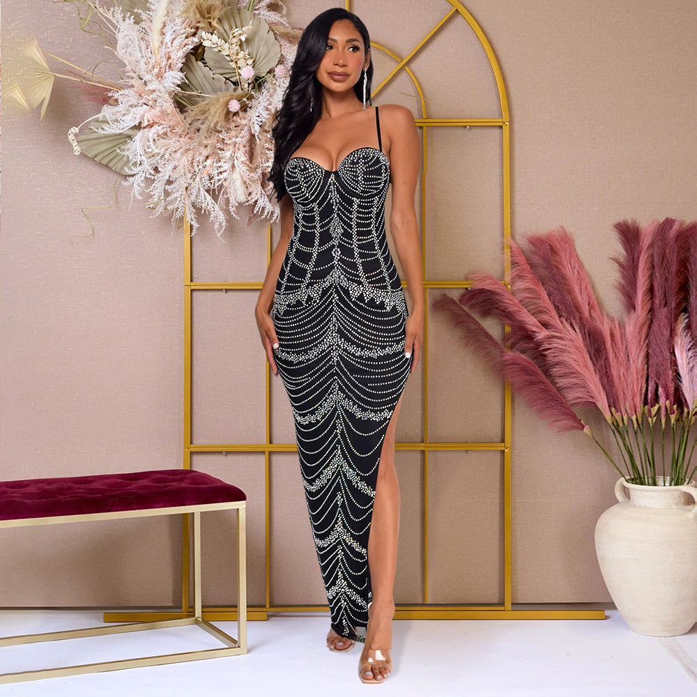 Fashionable Women's Clothing Beaded Slim Sexy Bodycon Slit Dress 4