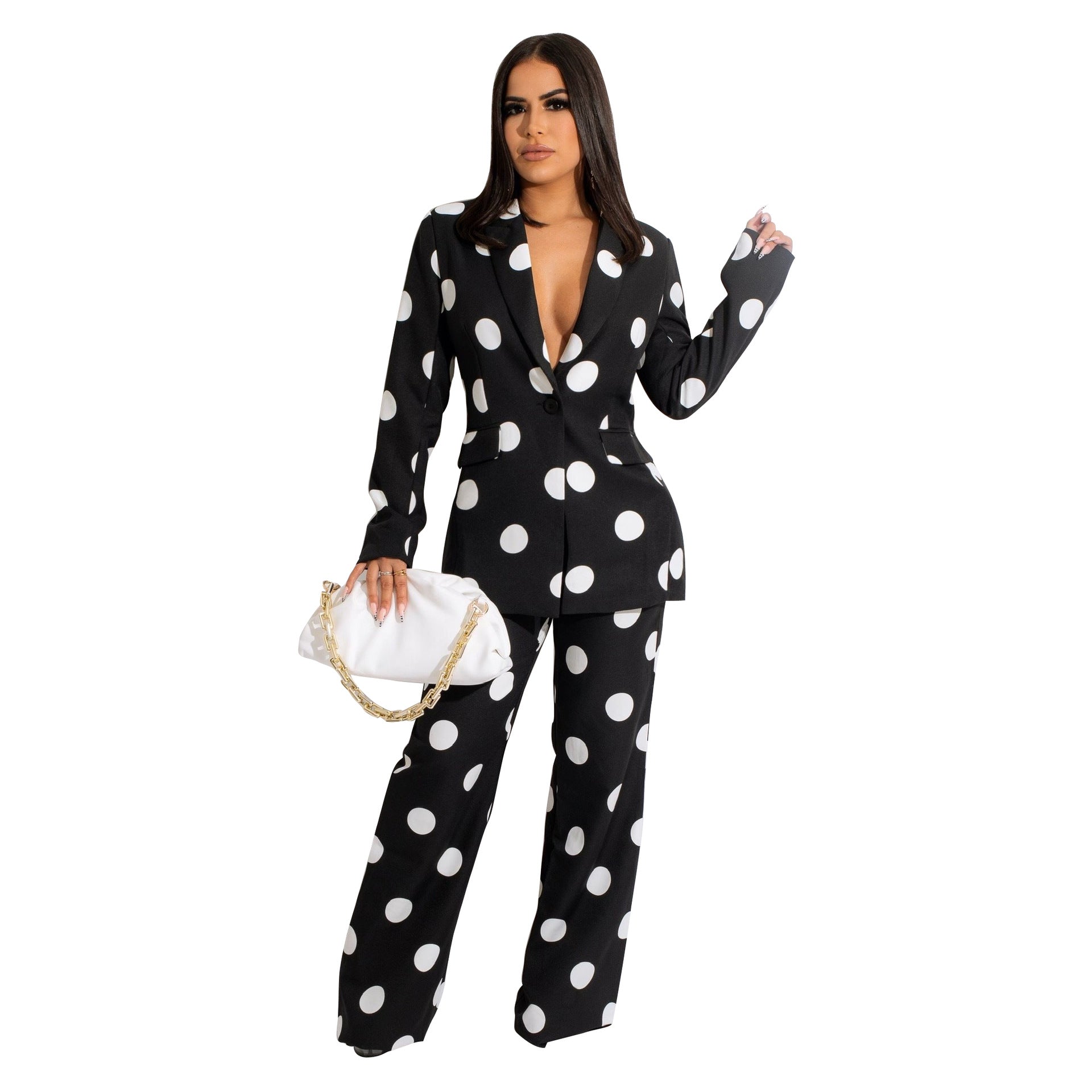 Women's Fashion Casual Polka Dot Print Blazer Pants Two Piece Suit 6