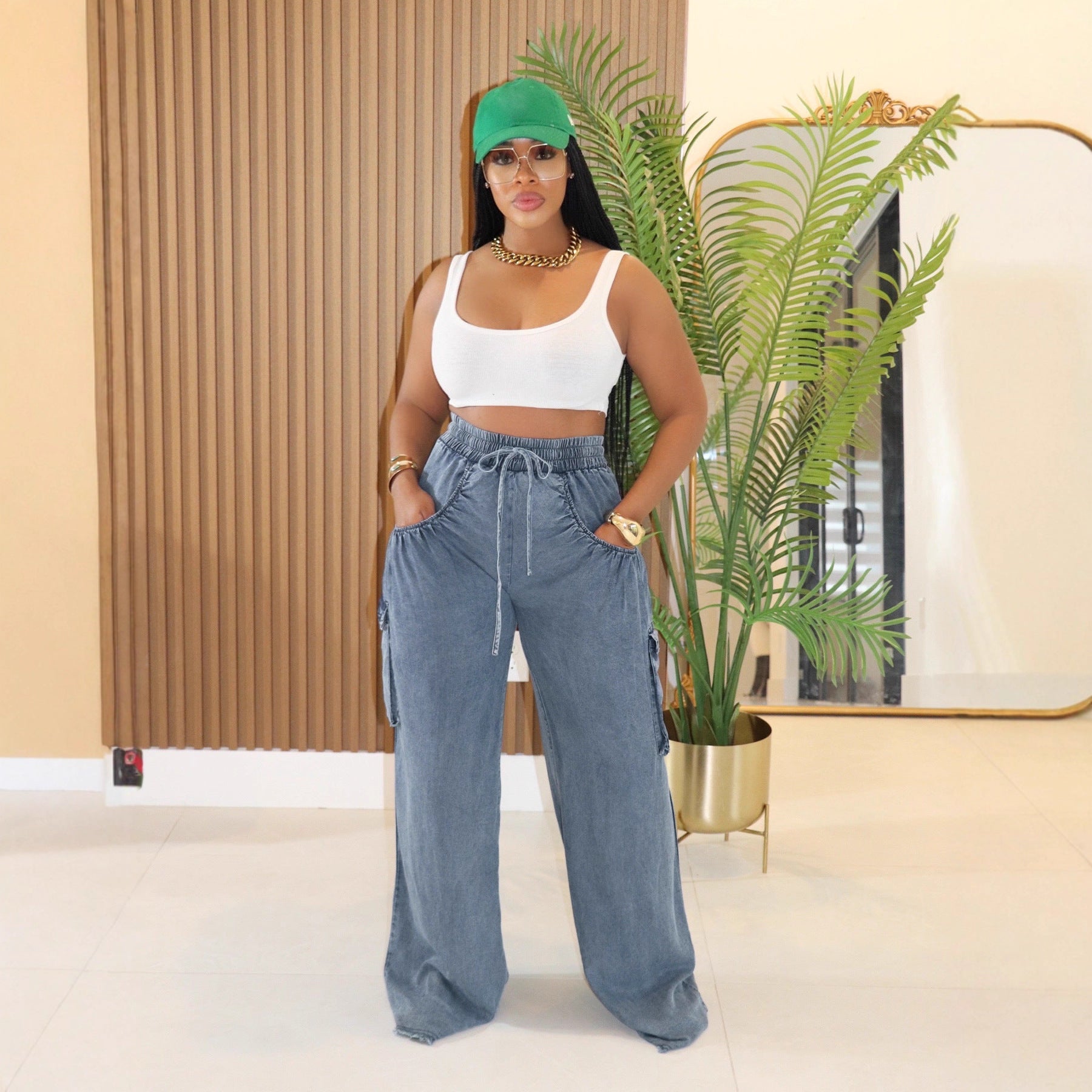 Casual Drawstring Denim Pants Women's  Wide-Leg Cargo Trousers 5