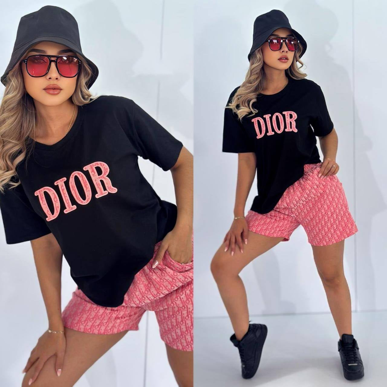 Women summer embroidery + printed short-sleeved top and shorts two-piece set