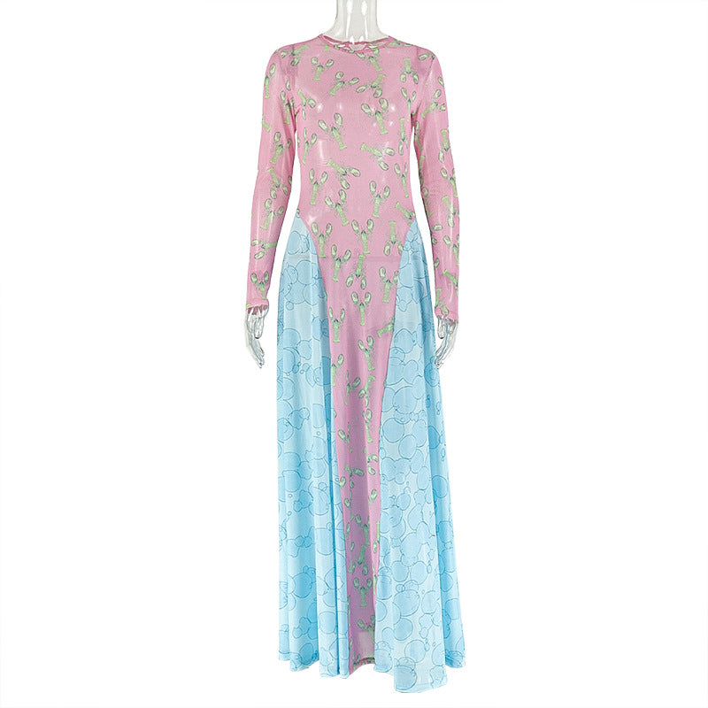 Women Patchwork Print Dress Round Neck Pleated Long-Sleeve Dress 6