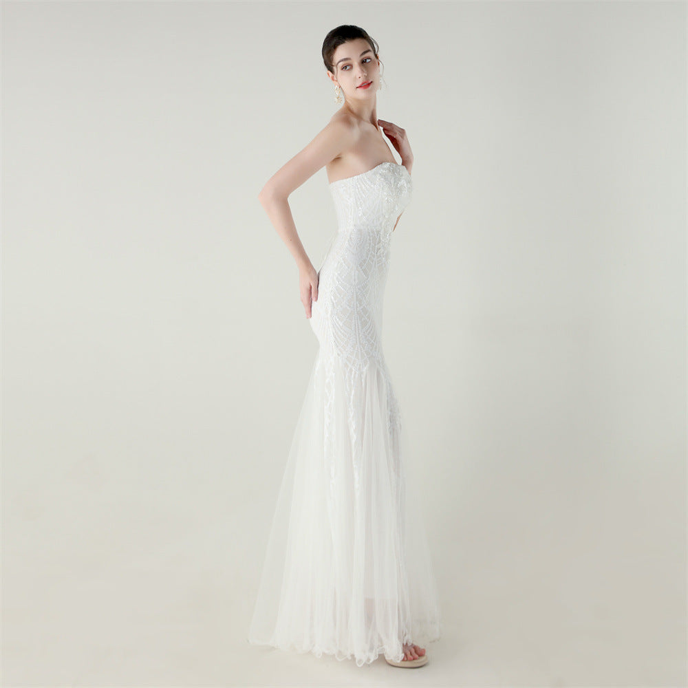 Women Strapless cross Lace-Up sequined tube flower sequined mesh evening dress Formal Party evening dress 68