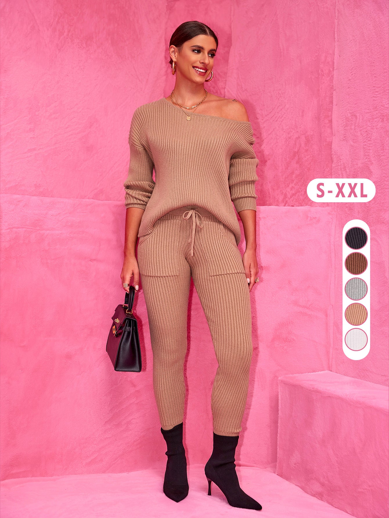 Autumn Winter Round Neck Long Sleeve Sweater Woolen Trousers Two Piece Set 5