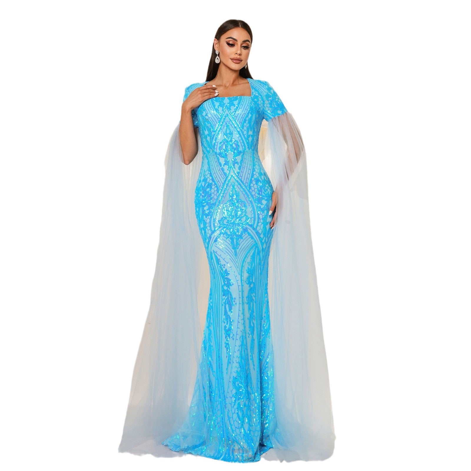 Women long sleeve square neck Formal Party Bodycon sequined fishtail evening dress 6