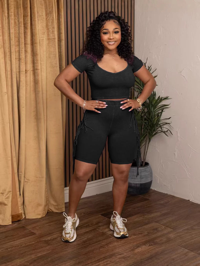 Fashionable Women's Solid Color Short Sleeve Tassel Elastic Shorts Set