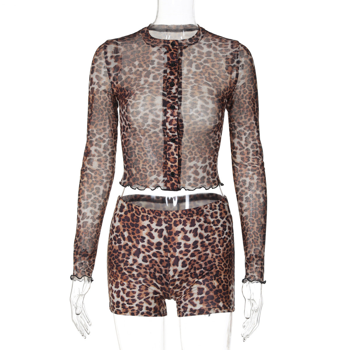 Women's autumn sexy leopard printed mesh long-sleeved top slim shorts two piece set 6