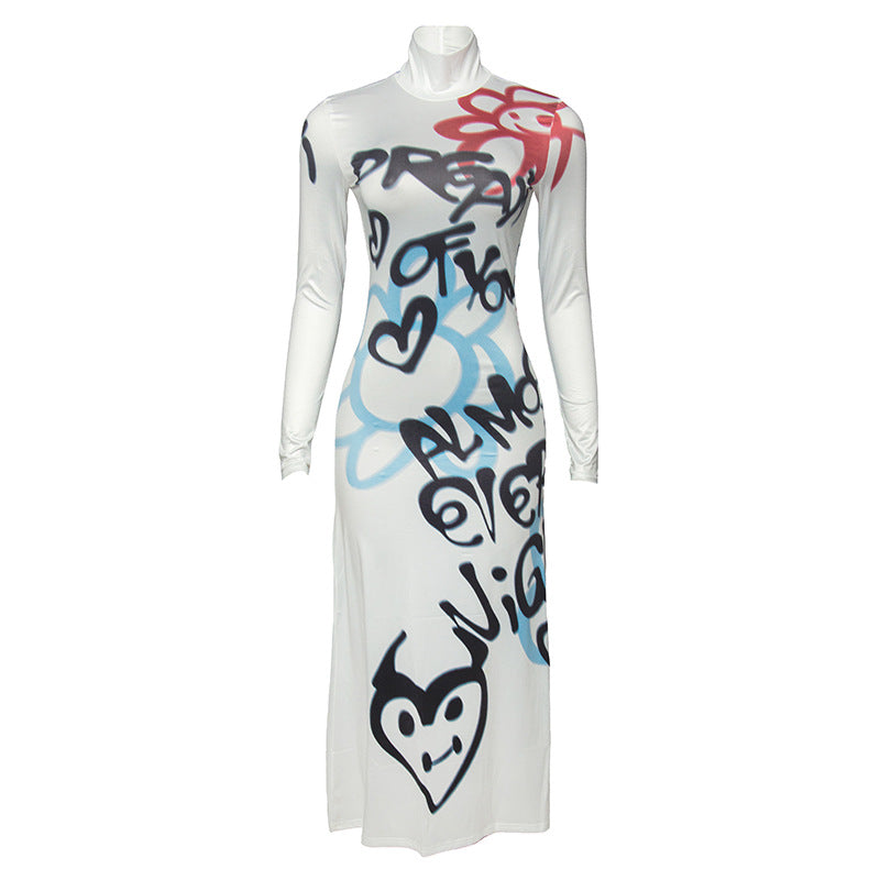 Women Fall Round Neck Long Sleeve Graffiti Letter Print Dress 6