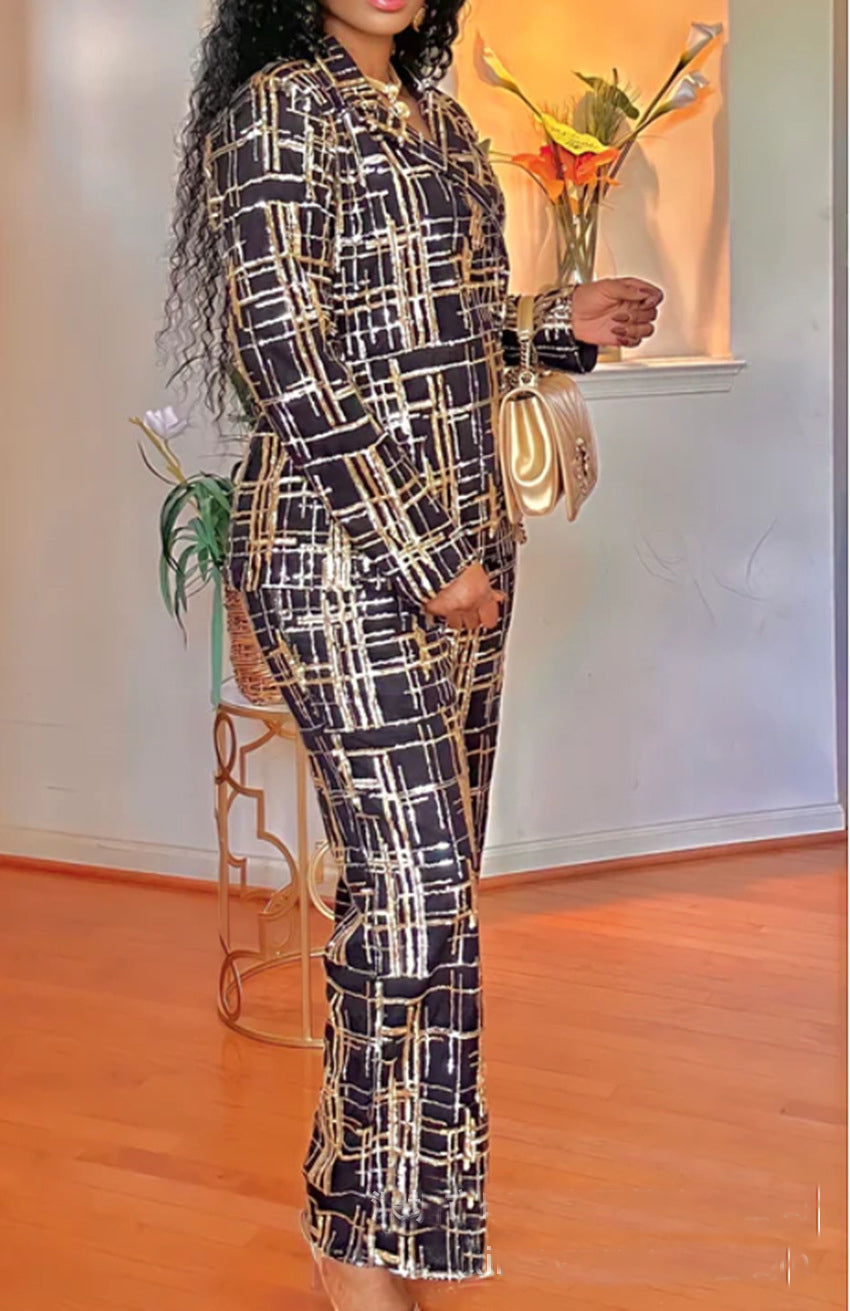 African Women's Autumn And Winter Sequin Embroidered Fashion Casual Long Sleeve Two Piece Suit 5