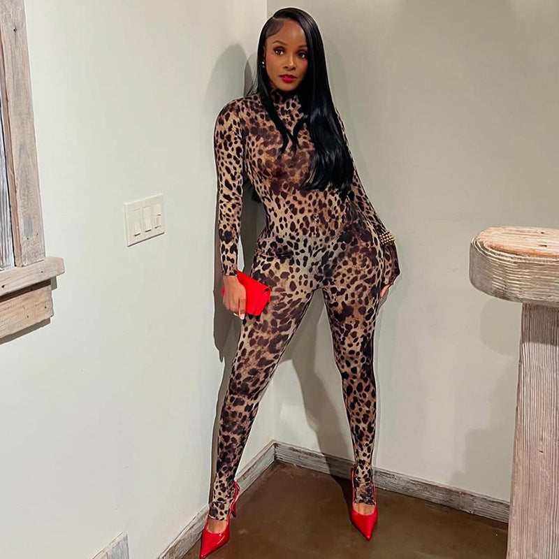Women Sexy Contrast Leopard Round Neck Long Sleeve Jumpsuit