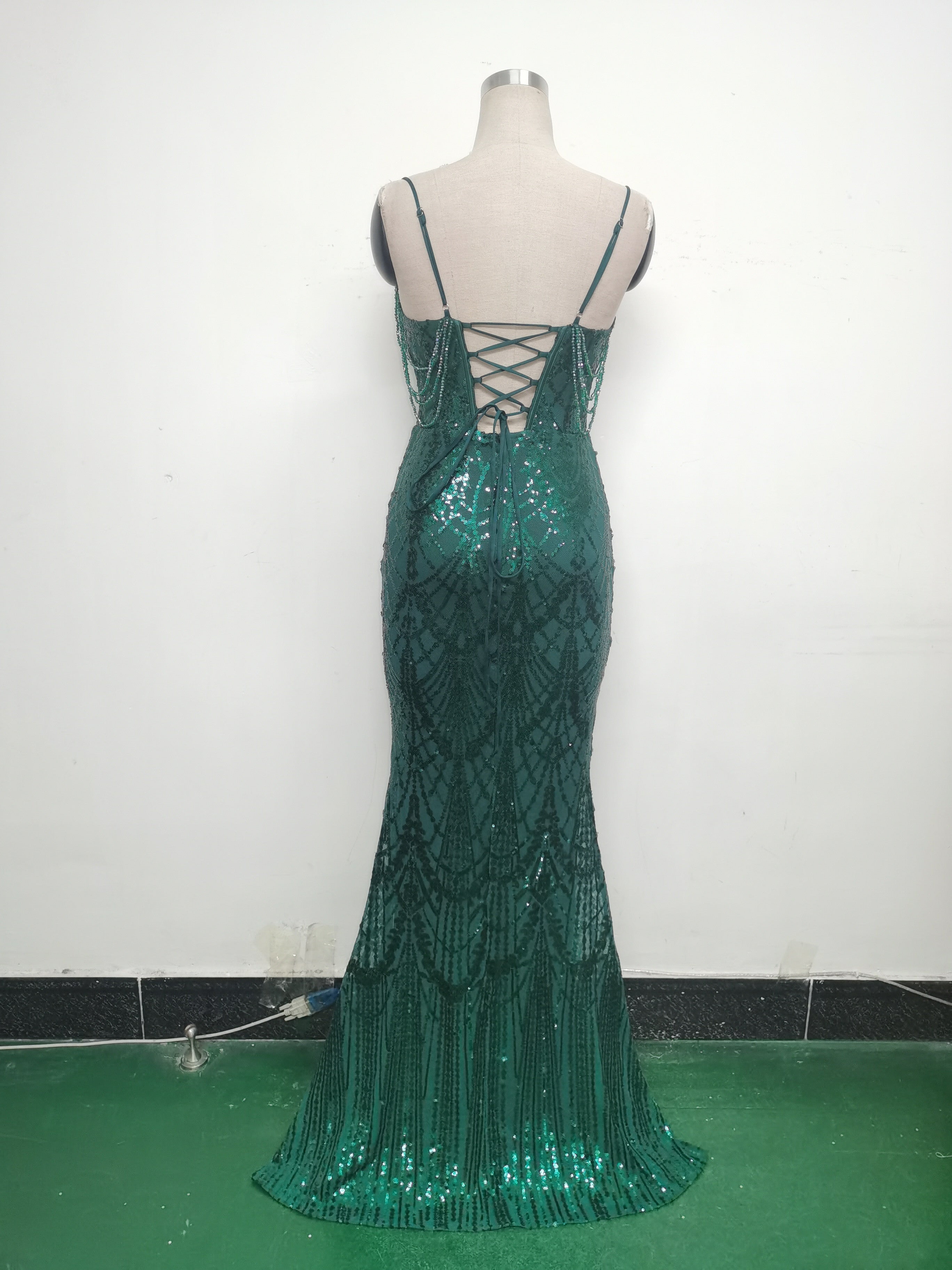 Women beaded sequin fishbone Lace-Up See-Through evening dress 29