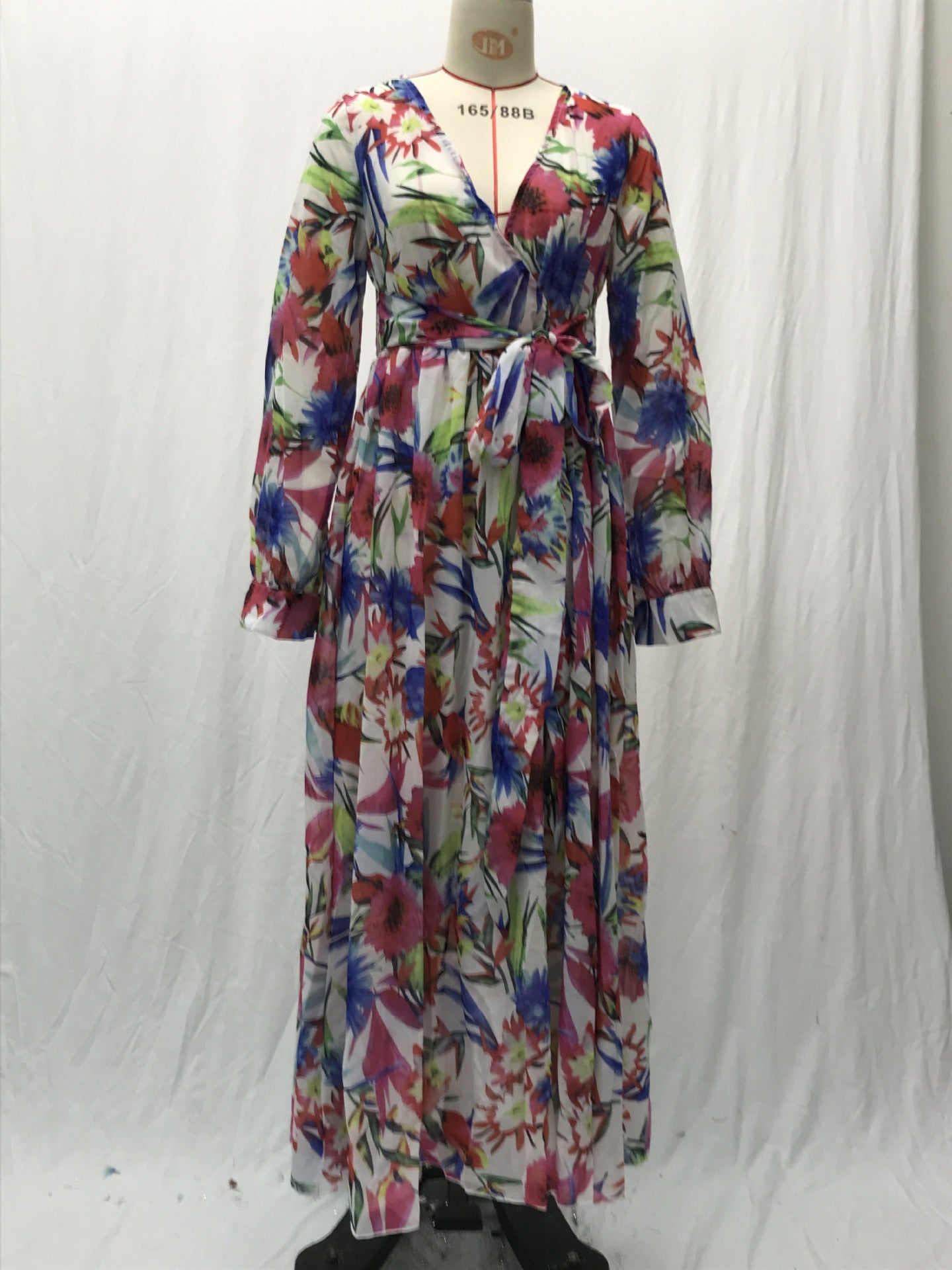 Summer Lantern Sleeve Sexy Deep V Neck Leaf Print Long Dress 13