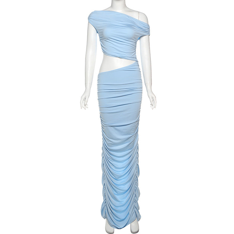 Women Spring Summer Solid Sexy Slash Shoulder Pleated Slit Dress 7