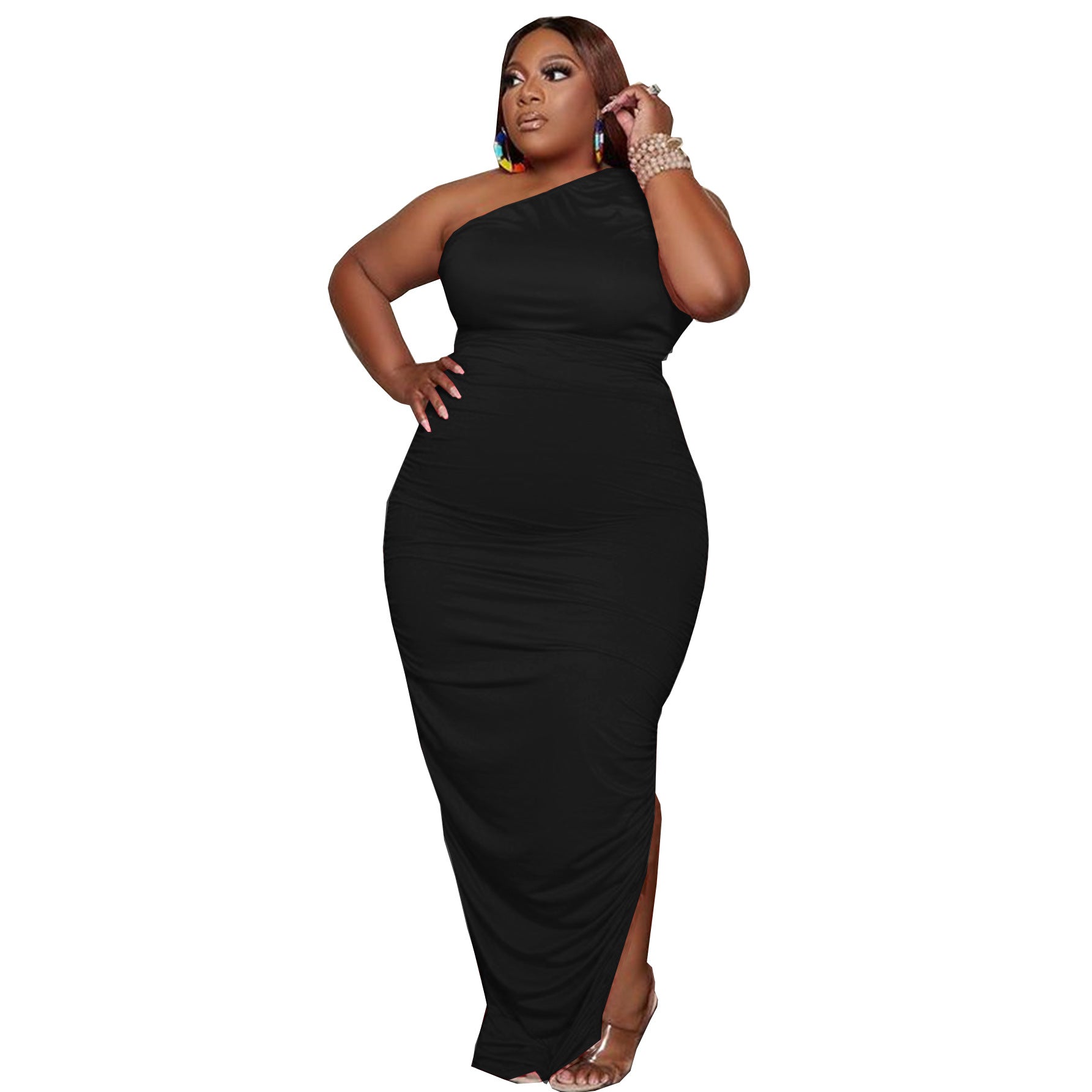 Women's Fashion Plus Size Summer One Shoulder Irregular Pleated Dress 7