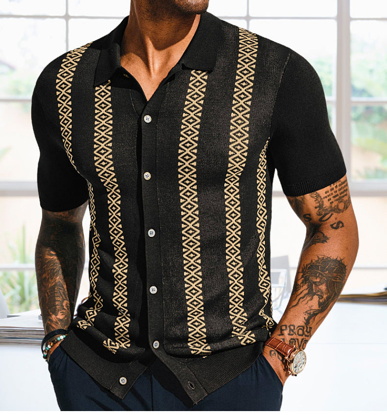 Men's Summer Striped Jacquard Knitting Short Sleeve Polo Top