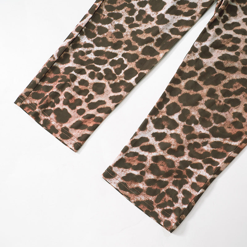 Women leopard print mesh long sleeve cape See-Through sexy two-piece set 16