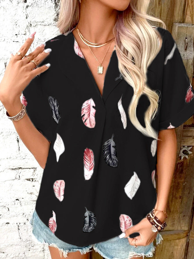 Spring And Summer Women's Turndown Collar Feather Print Shirt 5