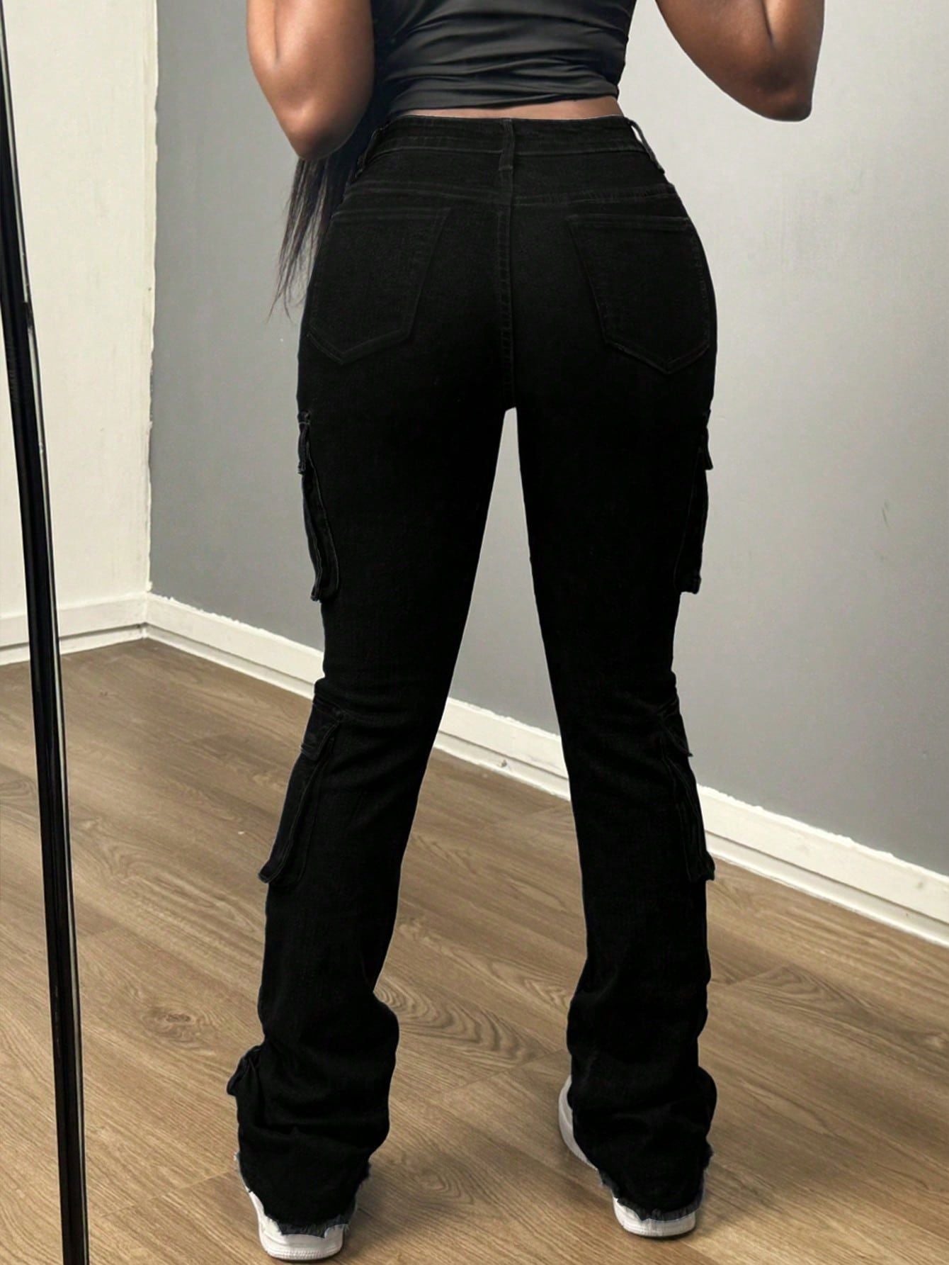 Women Pocket Stretchy Pleated Trousers Denim Trousers 3