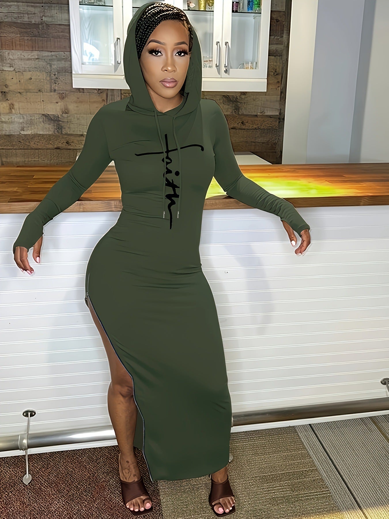 Women Casual Solid Hooded Dress 7