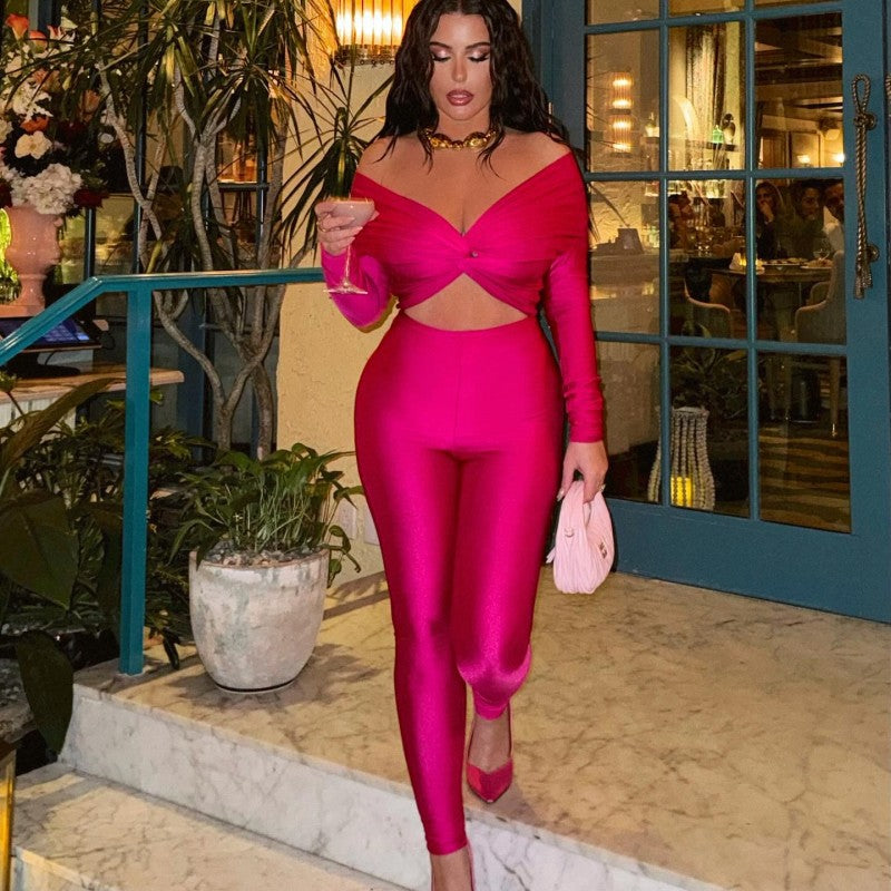Spring Solid Color V-Neck Off Shoulder Knot Hollow Sexy High Waist Long Sleeve Jumpsuit 5