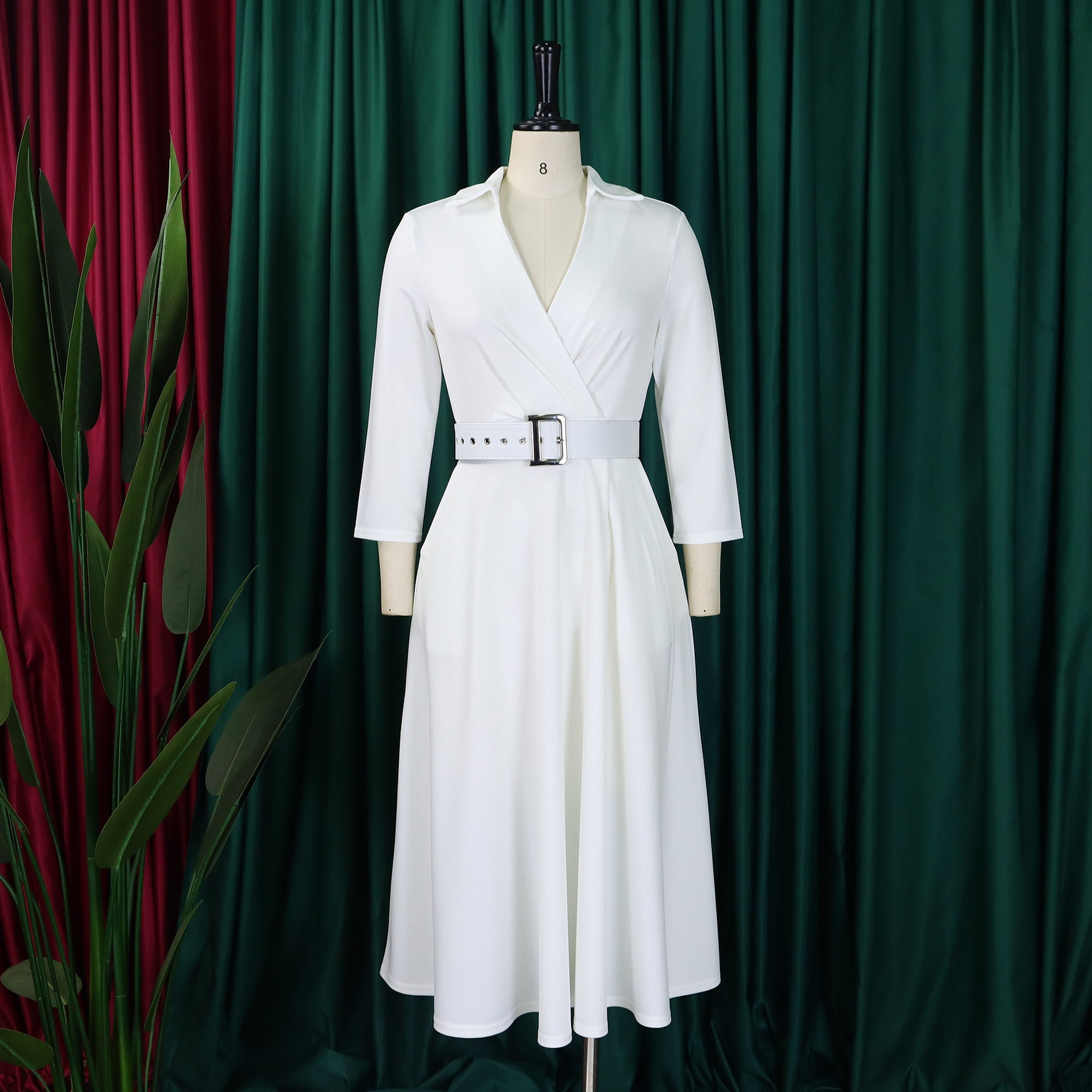 Plus Size Women Autumn Turndown Collar Solid Dress 14