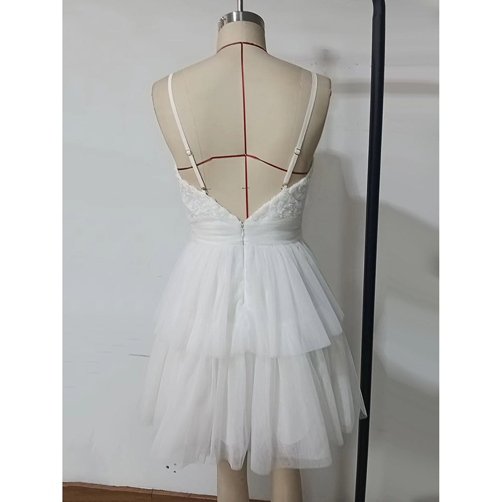 Women's Sexy Strap White Mesh Patchwork Mini Dress 11