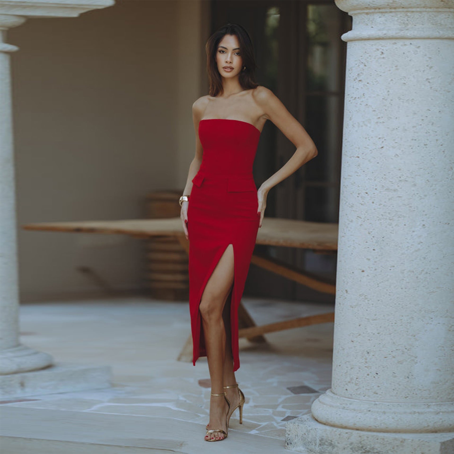 Solid Color pocket sleeveless sexy strapless slim fit high waist A-line Dress